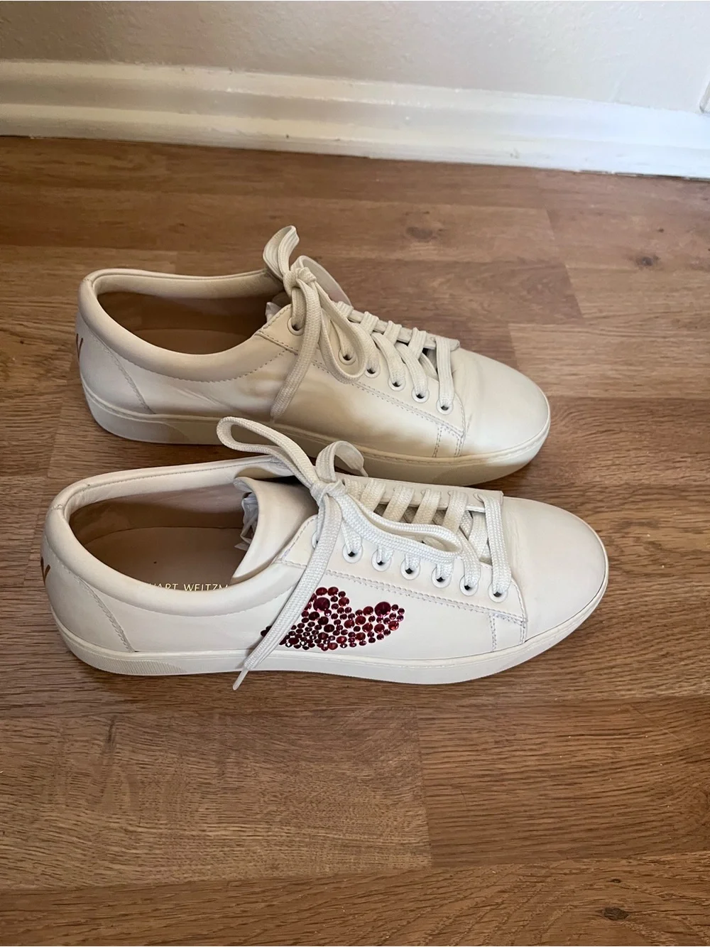 Stuart Weitzman White Leather Sneakers with Red and Pink Crystal Heart Accents